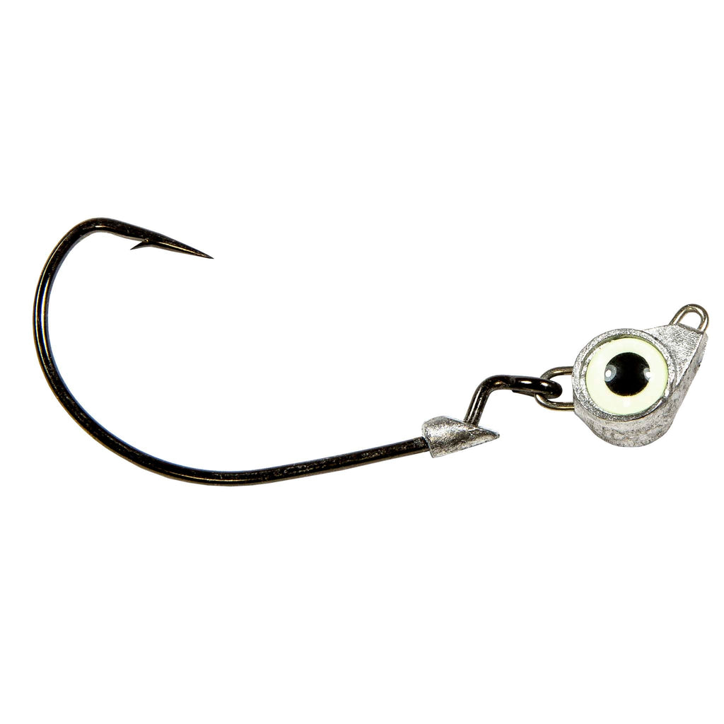 Jighead hook with white eye, metal jig body, and trailing barbed hook