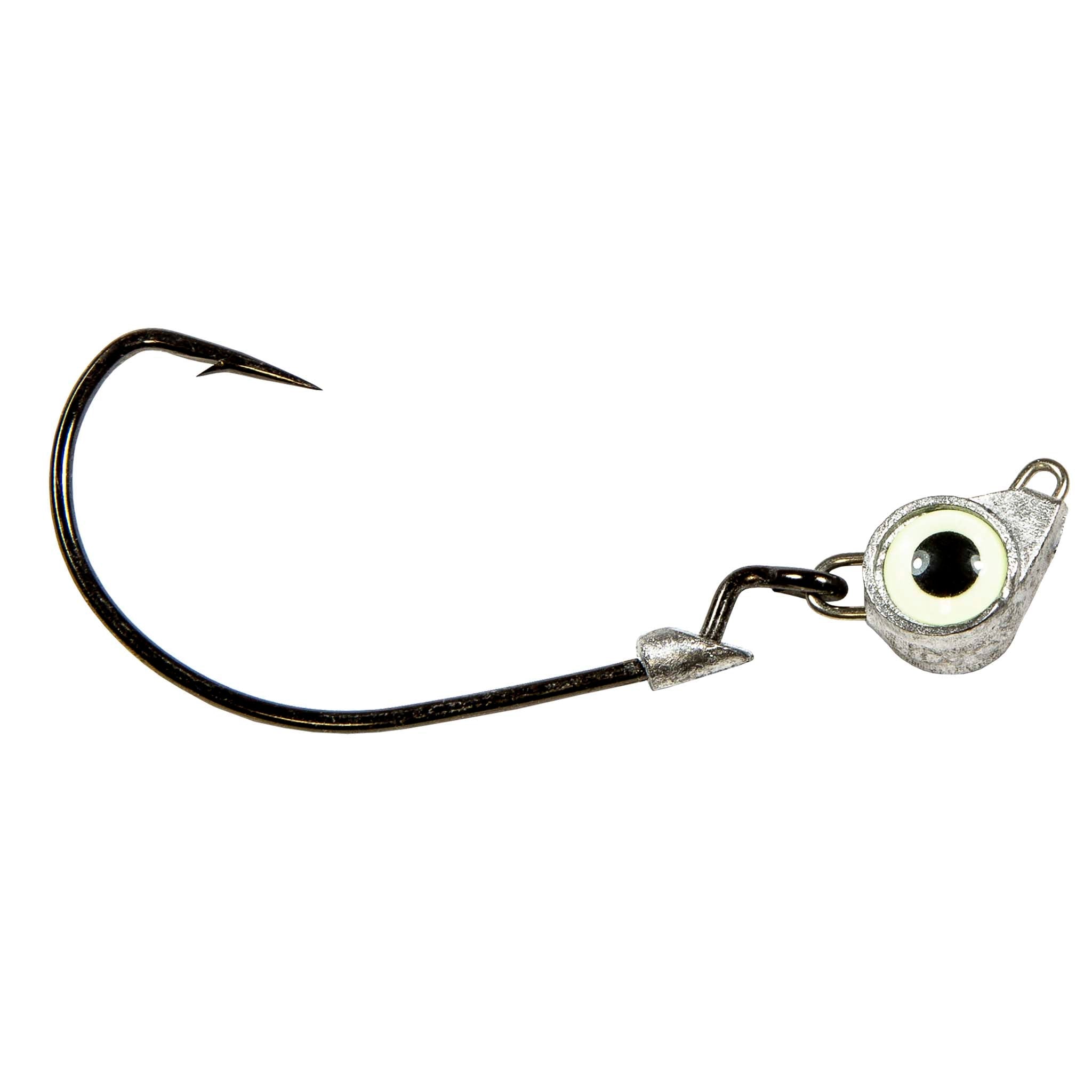 Jighead hook with white eye, metal jig body, and trailing barbed hook