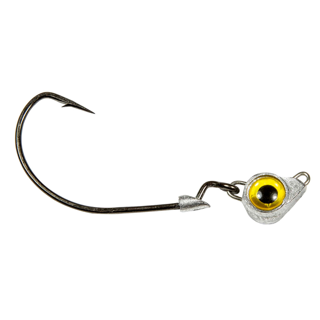 Jighead hook with gold eye, metal jig body, and trailing barbed hook