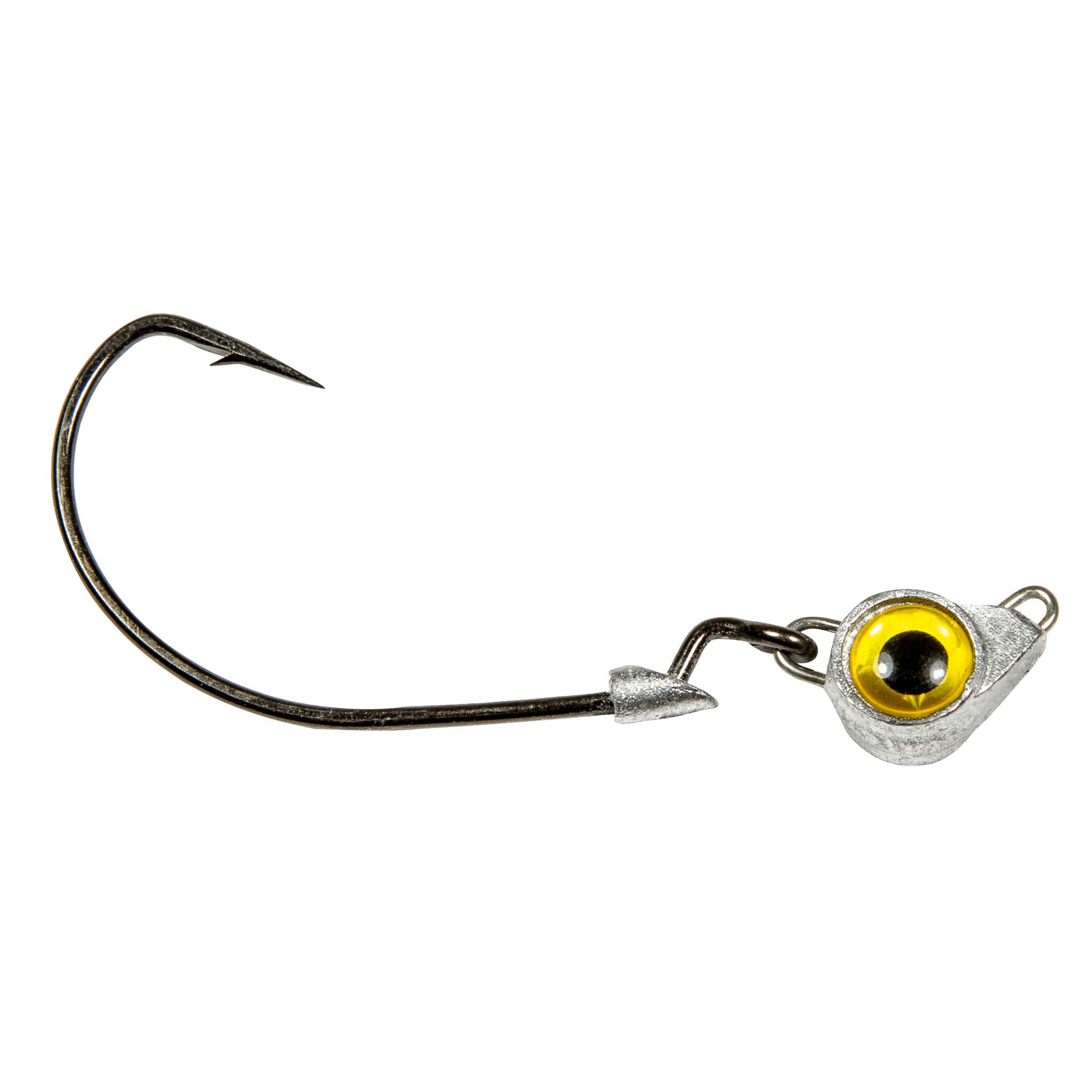 Jighead hook with gold eye, metal jig body, and trailing barbed hook