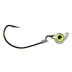 Jighead hook with chartreuse green eye, metal jig body, and trailing barbed hook