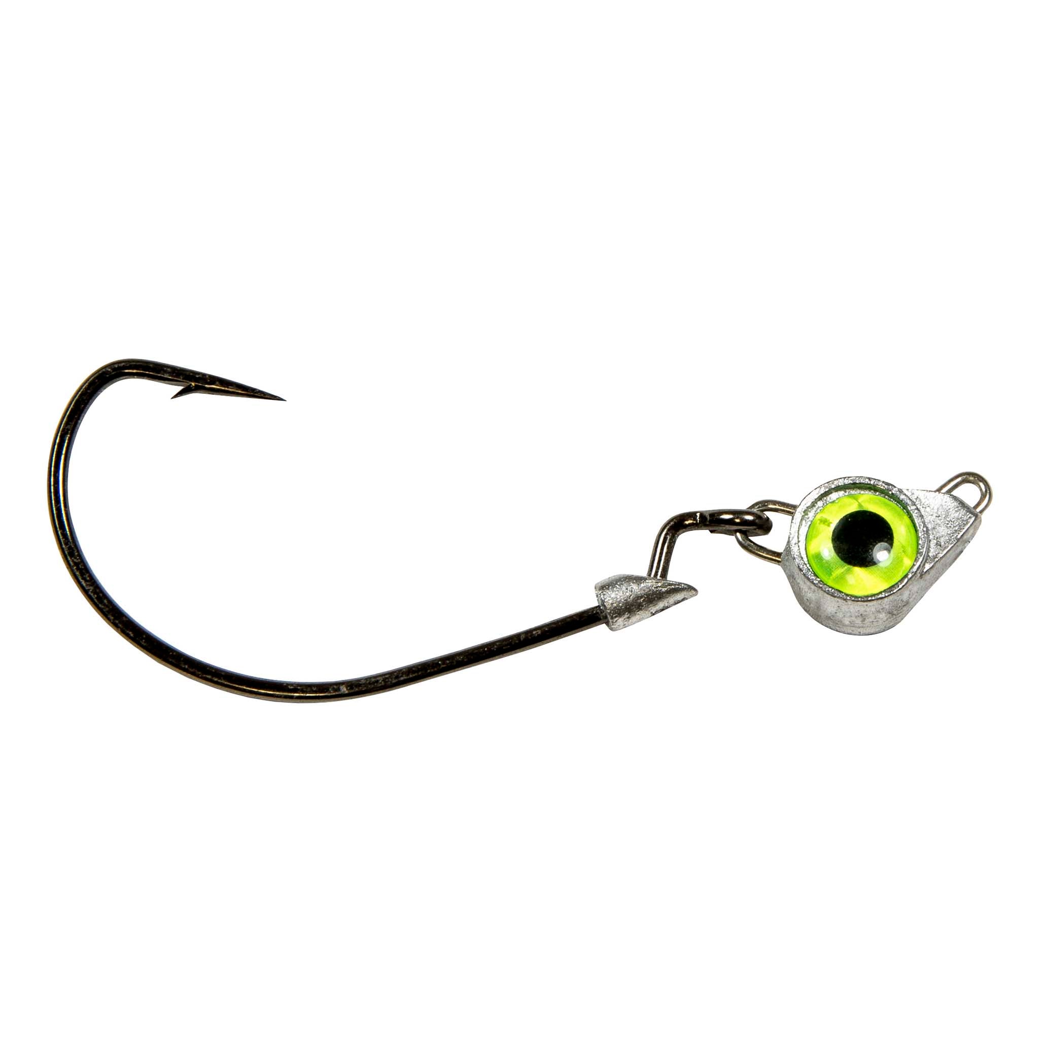 Jighead hook with chartreuse green eye, metal jig body, and trailing barbed hook