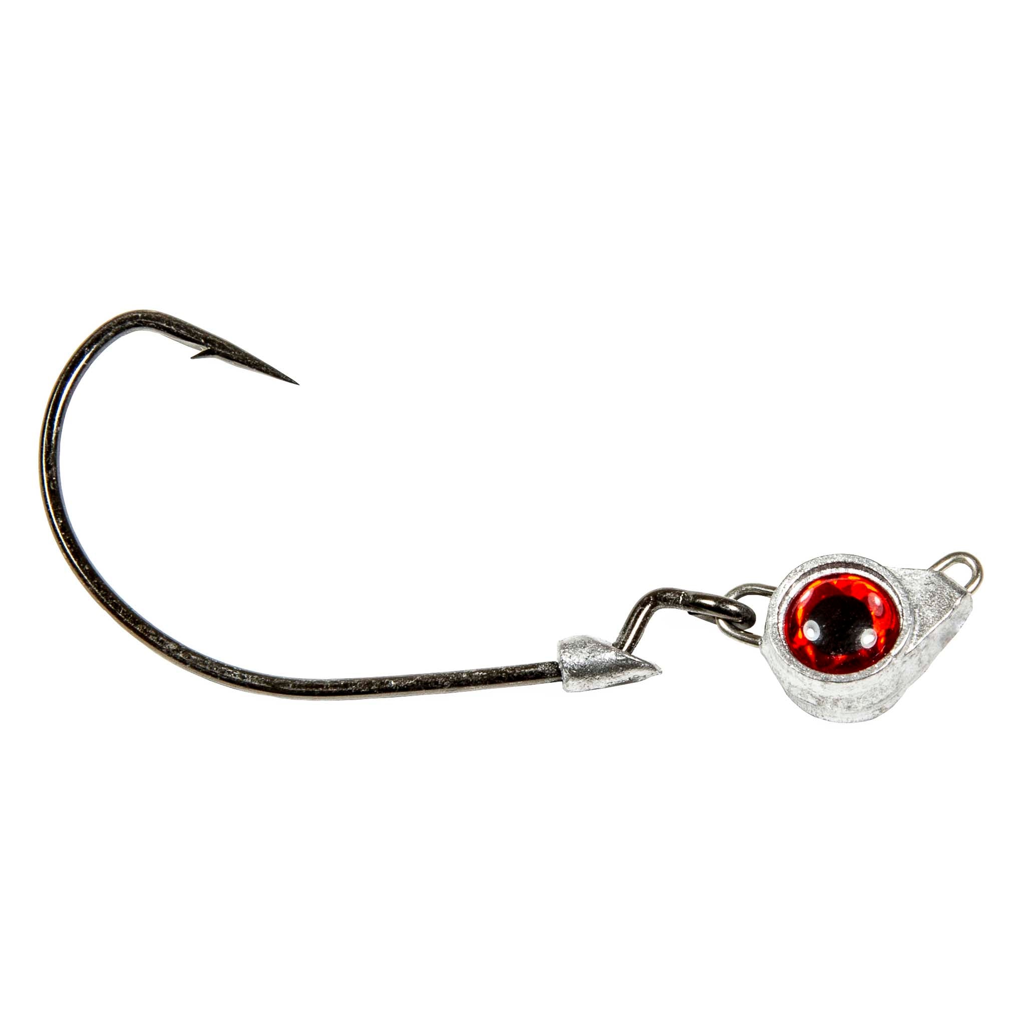 Jighead hook with red eye, metal jig body, and trailing barbed hook
