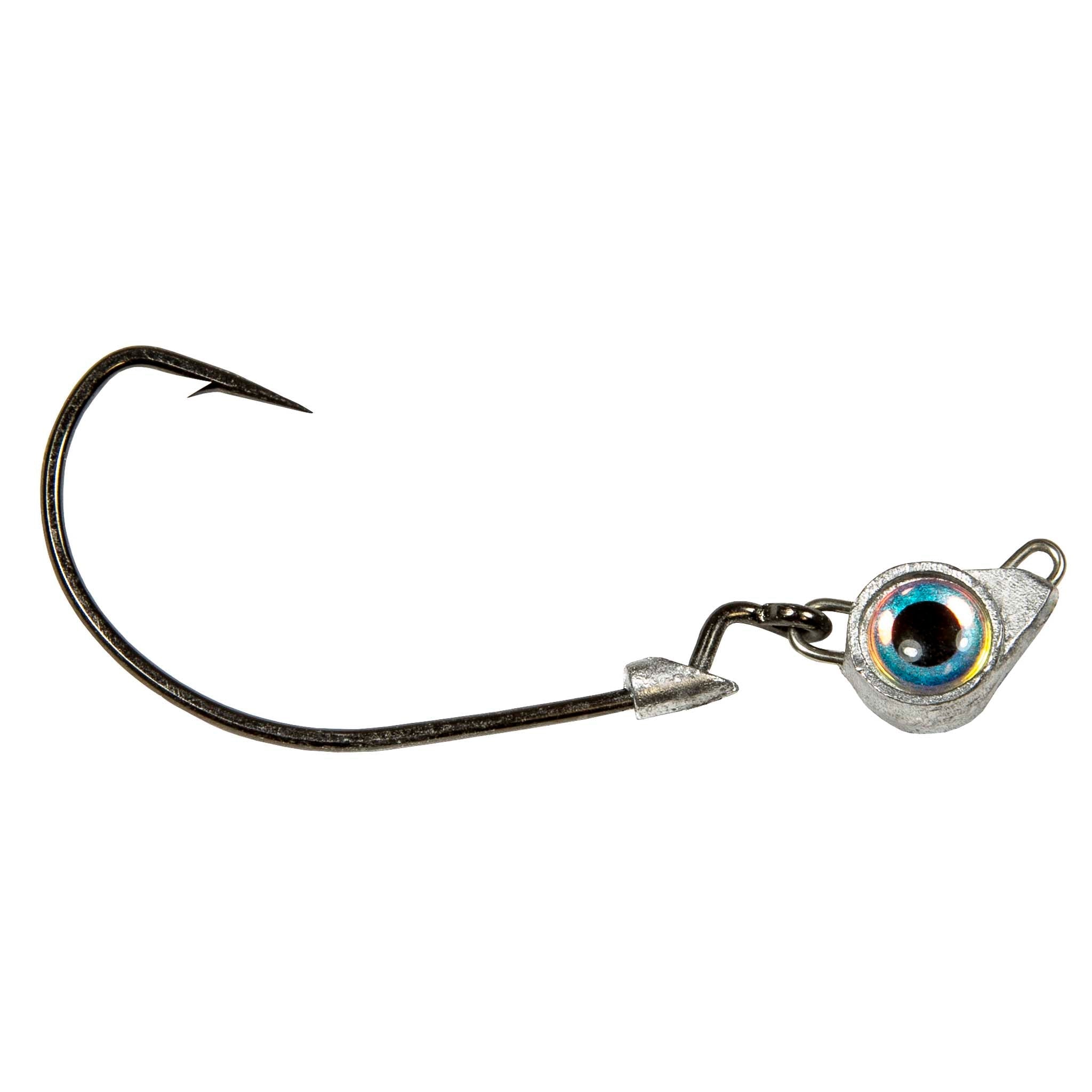 Jighead hook with iridescent blue eye, metal jig body, and trailing barbed hook