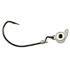 Jighead hook with white eye, metal jig body, and trailing barbed hook