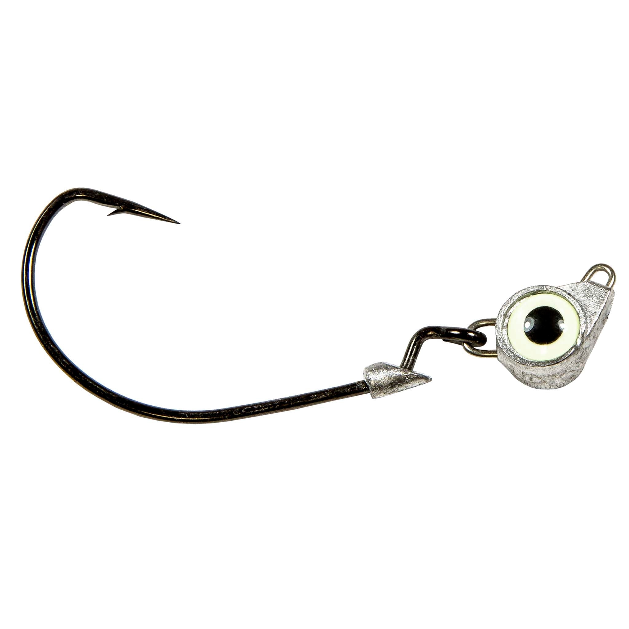 Jighead hook with white eye, metal jig body, and trailing barbed hook