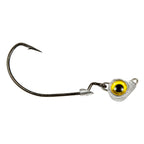 Jighead hook with gold eye, metal jig body, and trailing barbed hook