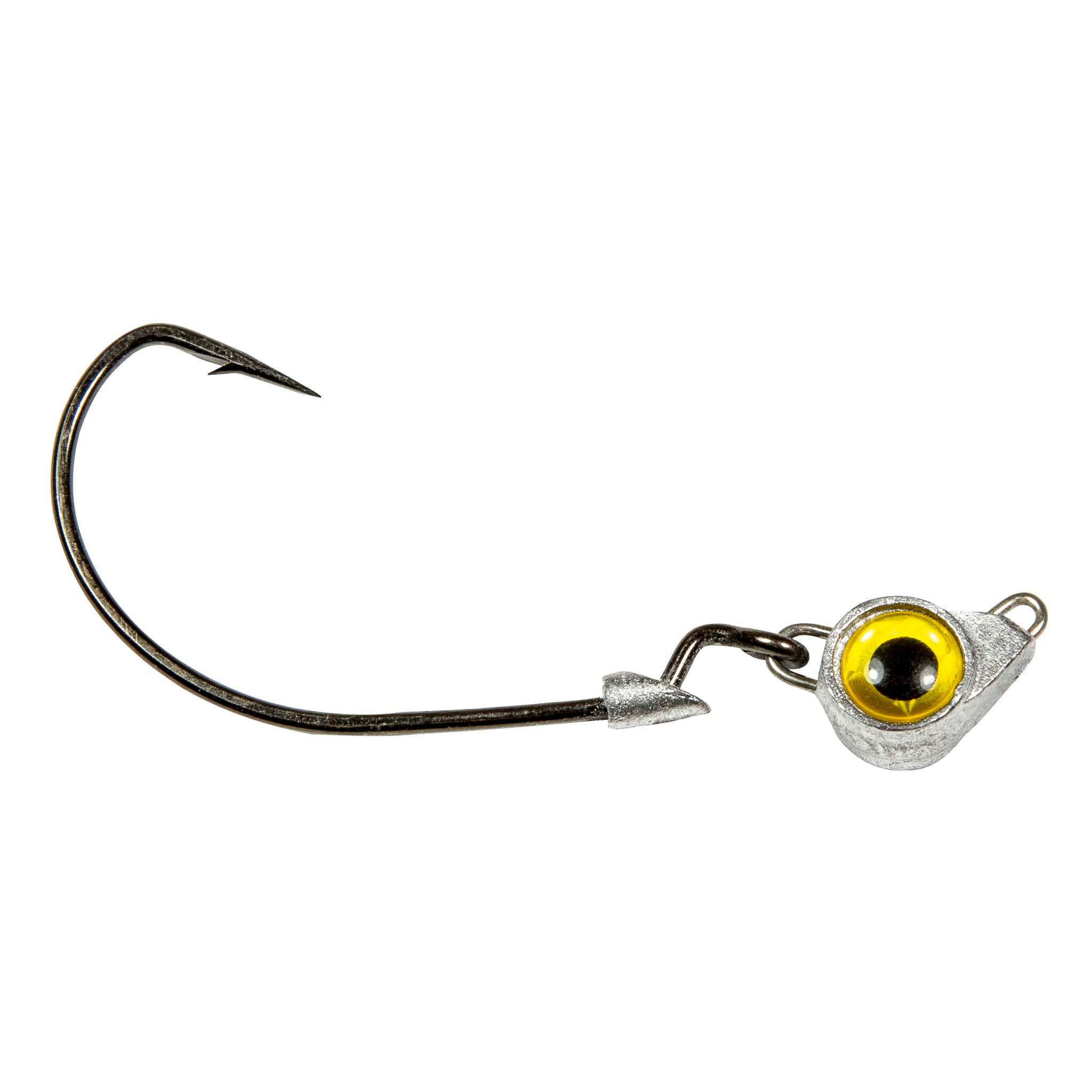 Jighead hook with gold eye, metal jig body, and trailing barbed hook