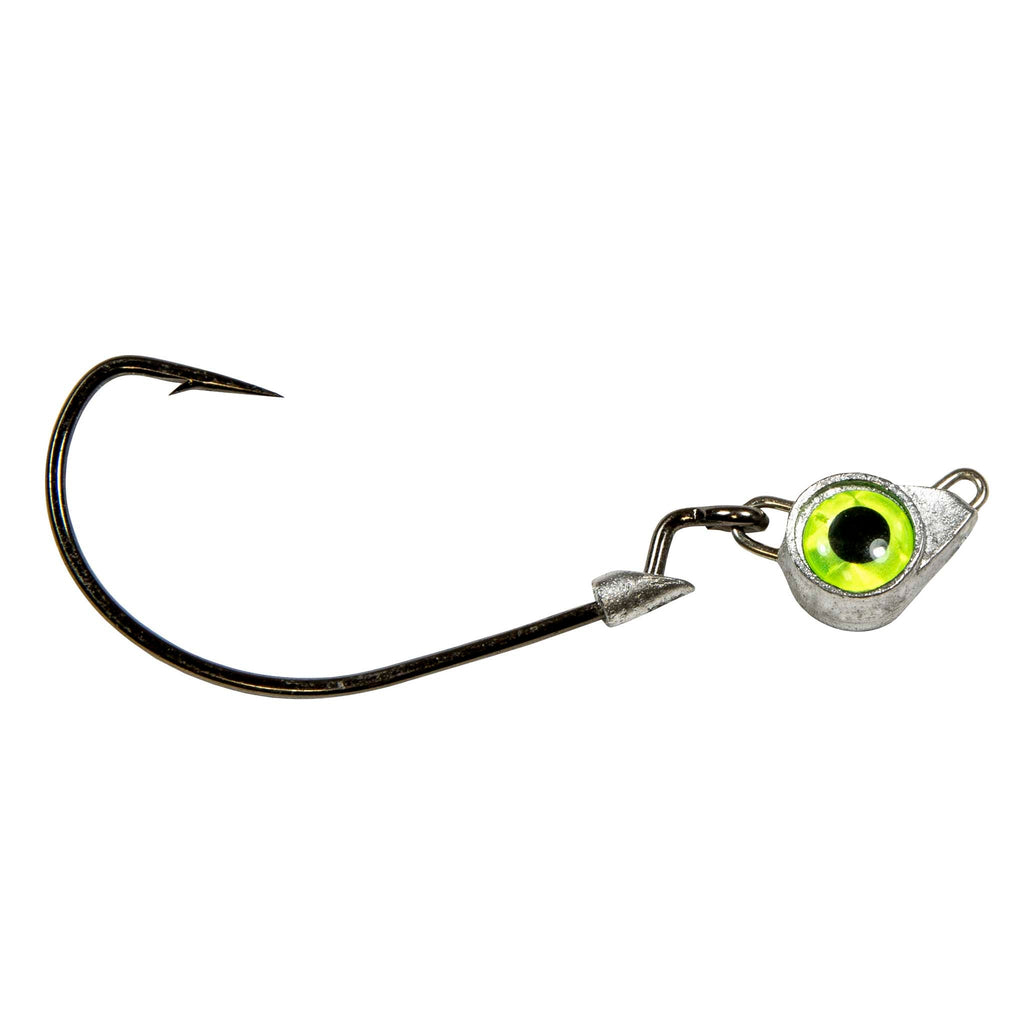 Jighead hook with chartreuse green eye, metal jig body, and trailing barbed hook