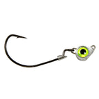 Jighead hook with chartreuse green eye, metal jig body, and trailing barbed hook