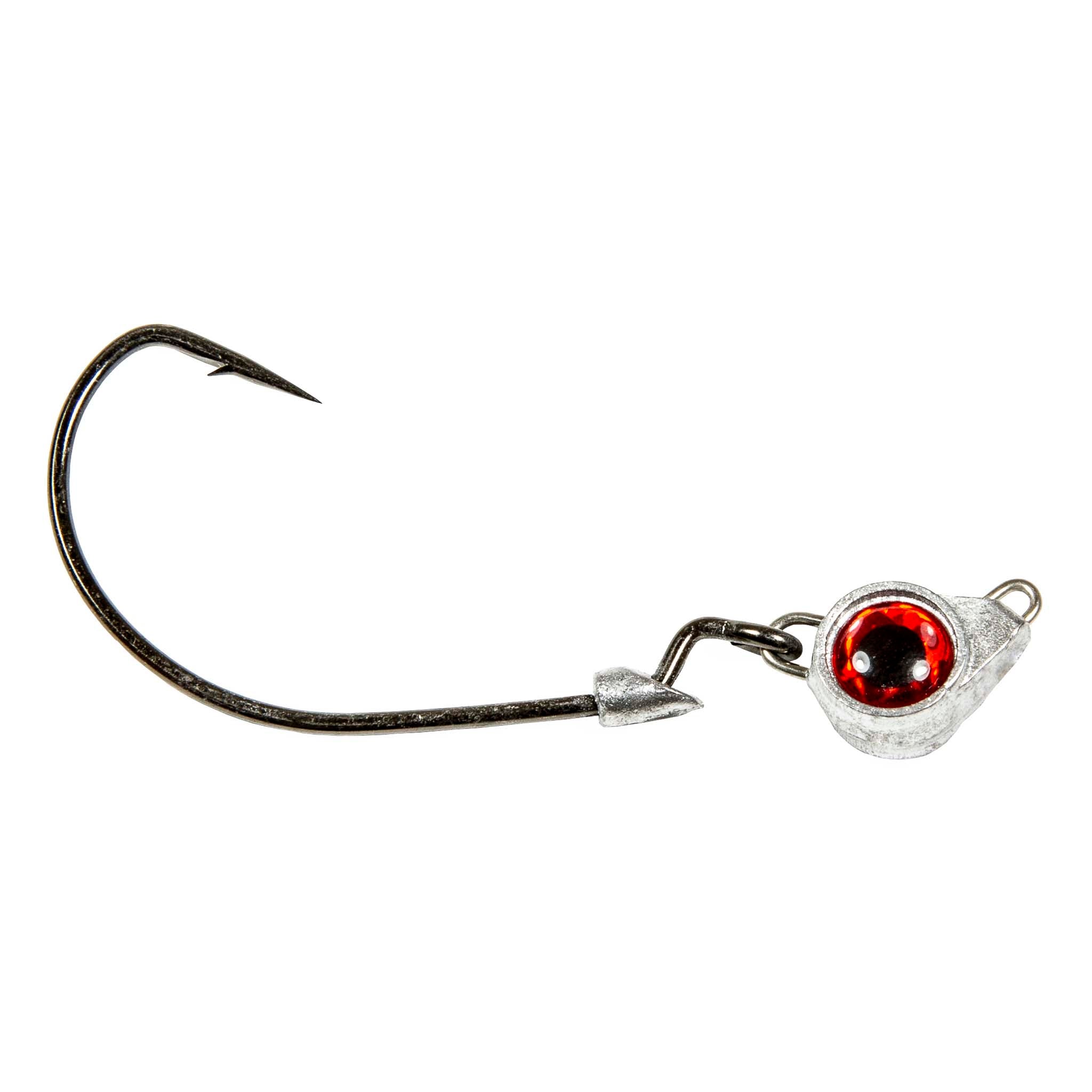 Fishing jighead with red eye, lead head, and black hook