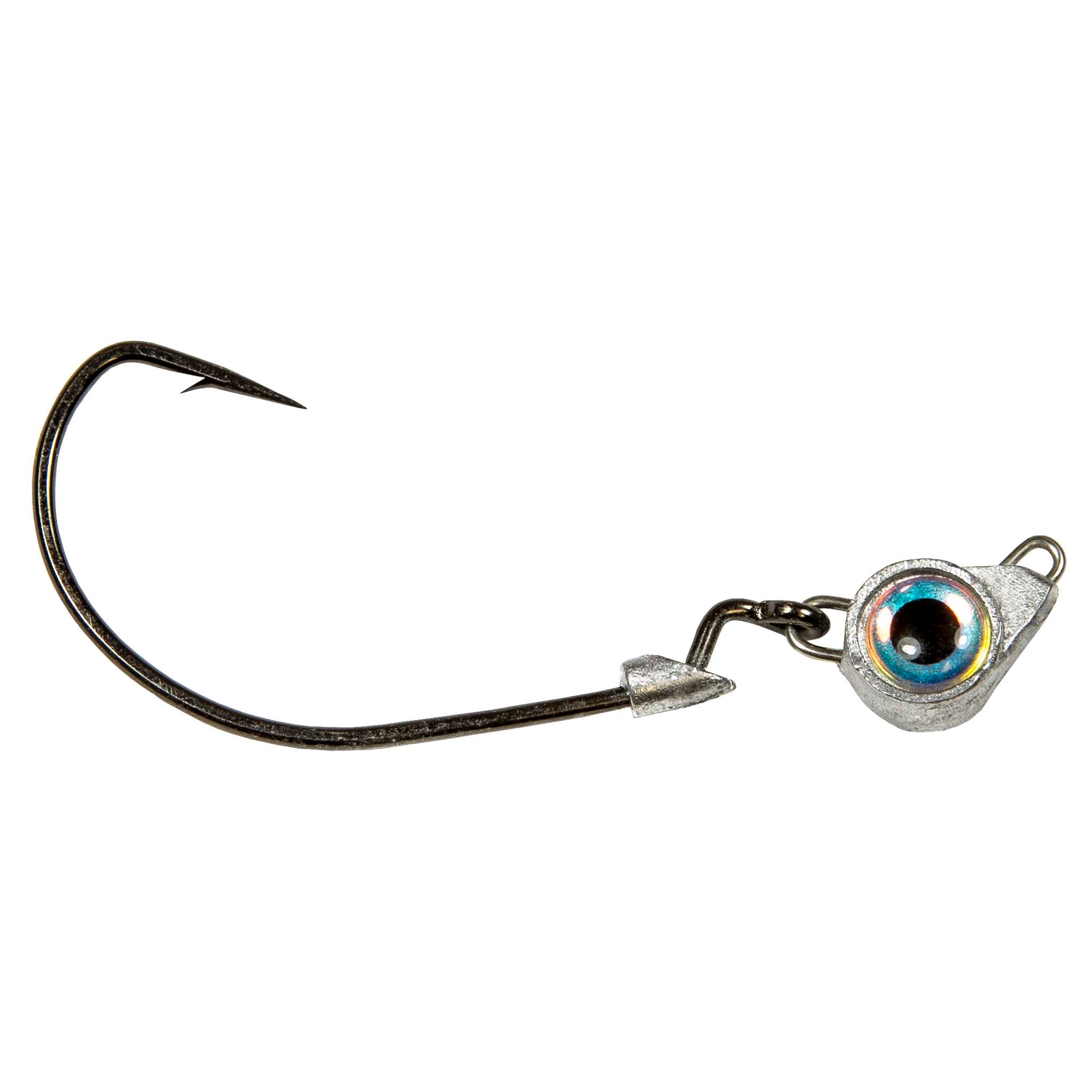 Fishing jighead with pearl iridescent eye, lead head, and black hook
