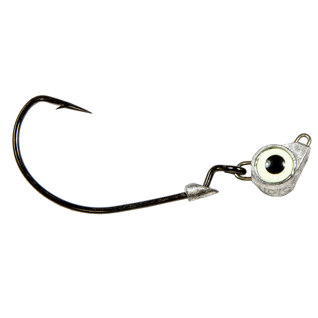 Fishing jighead with white eye and dark pupil, lead head, and black hook