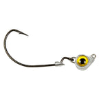 Fishing jighead with gold/yellow eye, lead head, and black hook