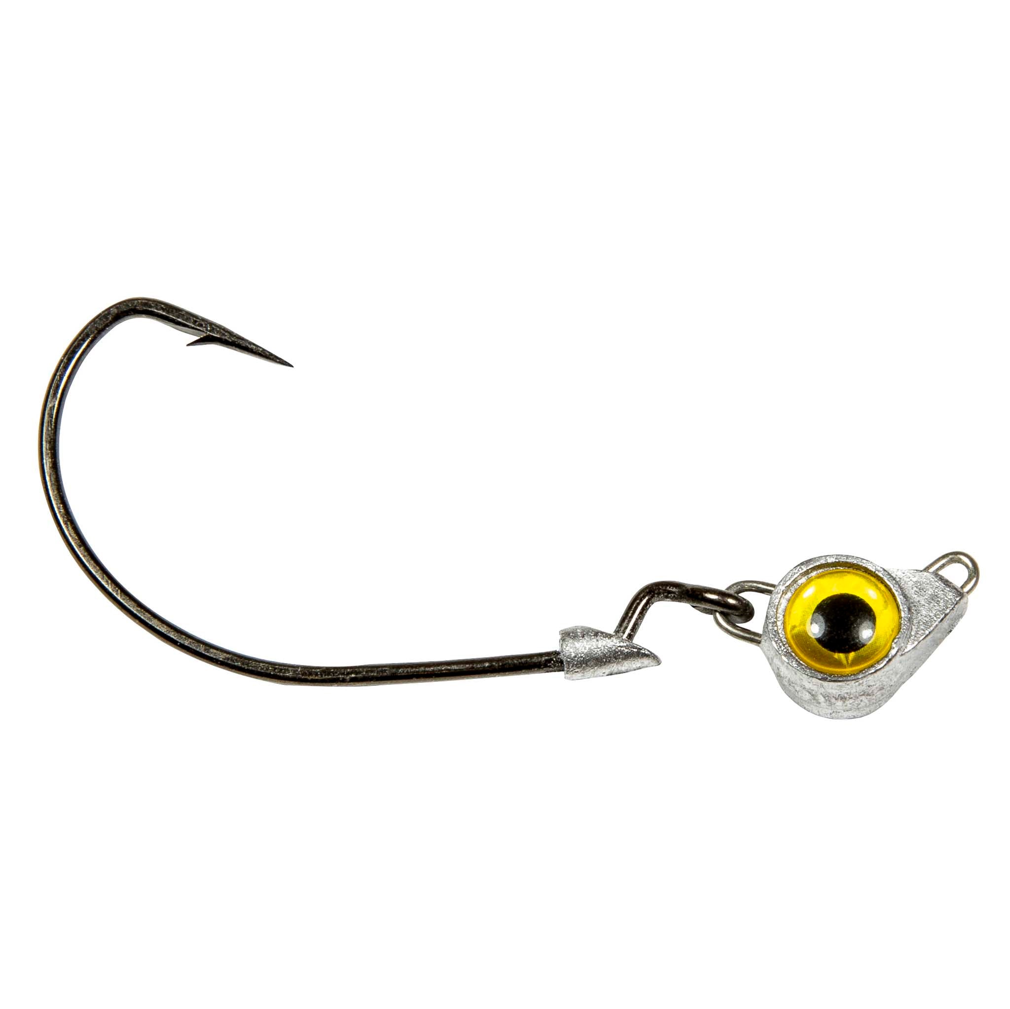 Fishing jighead with gold/yellow eye, lead head, and black hook