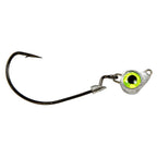 Fishing jighead with chartreuse green eye, lead head, and black hook