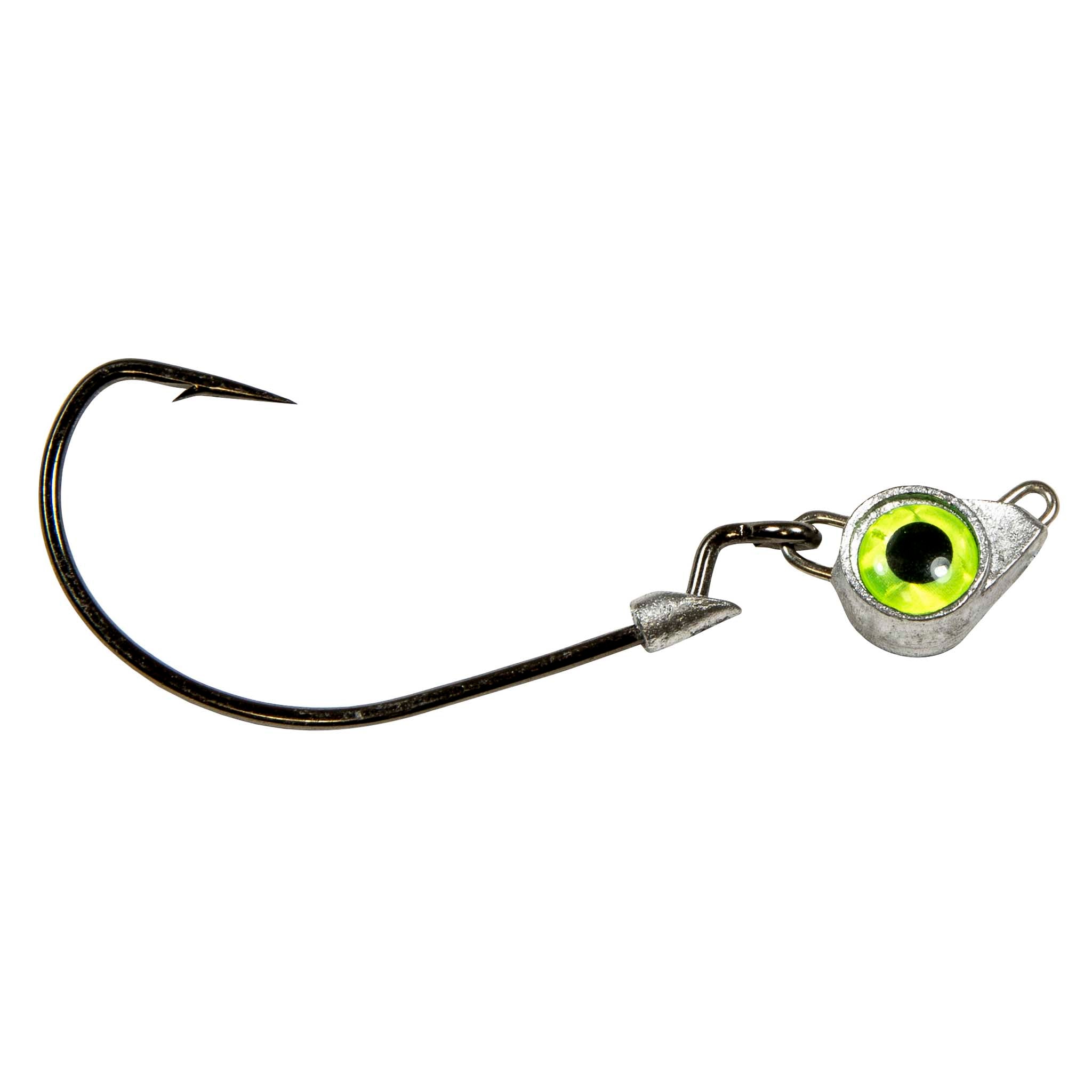 Fishing jighead with chartreuse green eye, lead head, and black hook