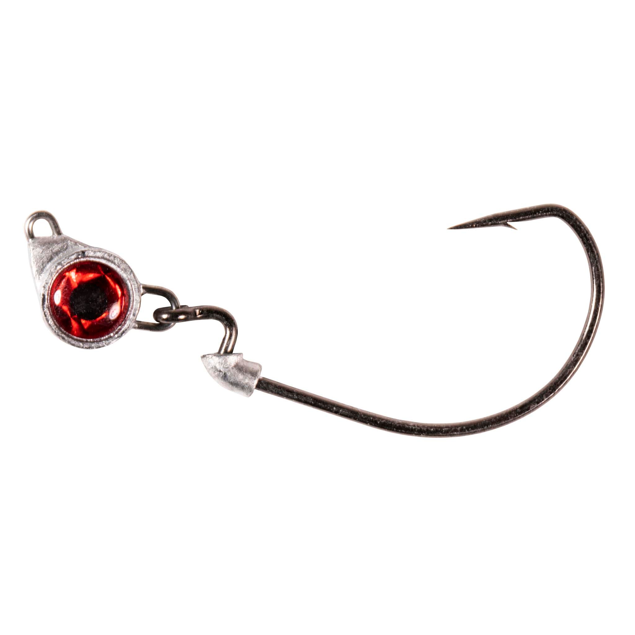 Fishing jighead with red round eye, lead collar, and single curved hook