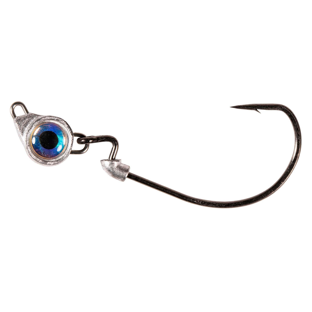 Fishing jighead with blue round eye, lead collar, and single curved hook