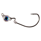 Fishing jighead with blue round eye, lead collar, and single curved hook