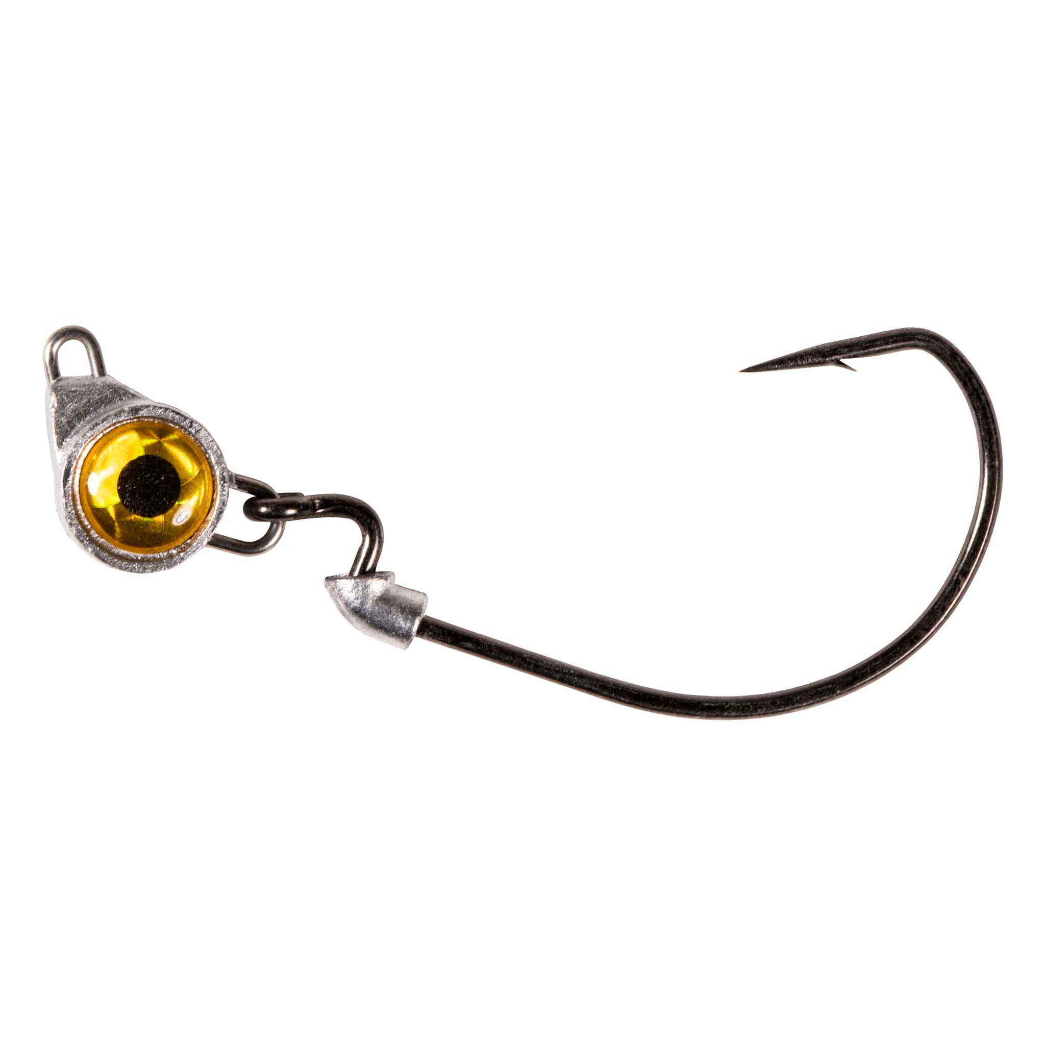 Fishing jighead with gold round eye, lead collar, and single curved hook
