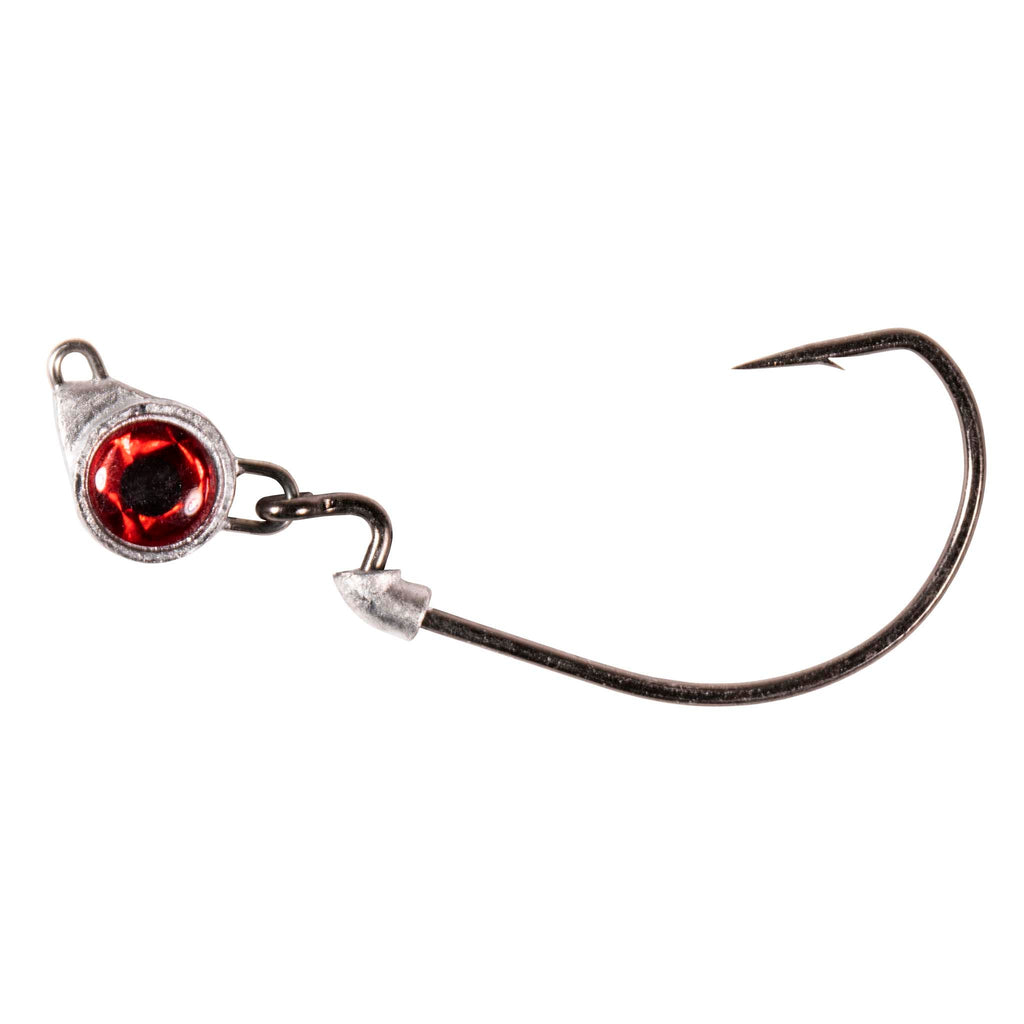 Fishing jighead with red round eye, lead collar, and single curved hook