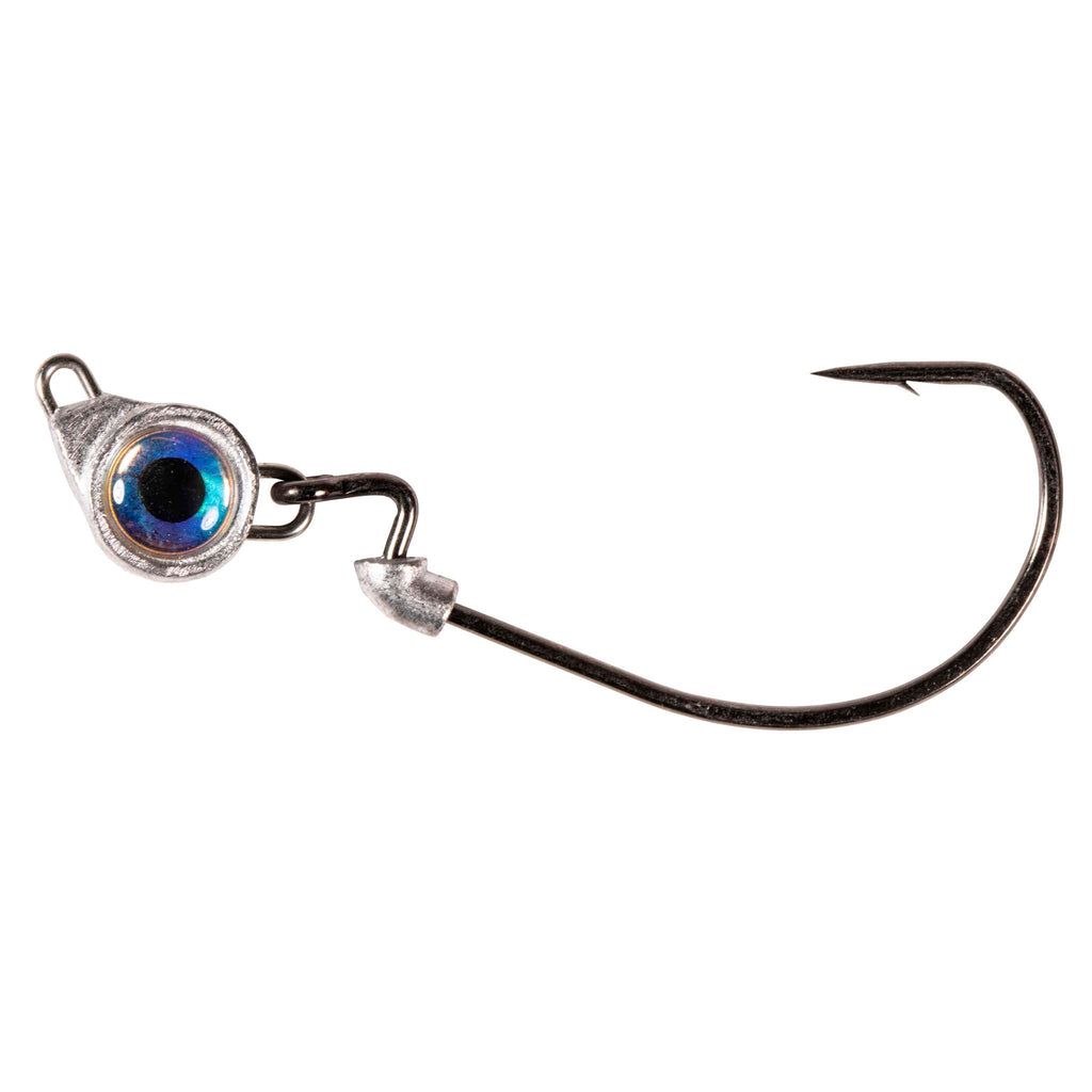 Fishing jighead with blue round eye, lead collar, and single curved hook