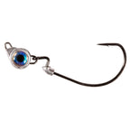 Fishing jighead with blue round eye, lead collar, and single curved hook