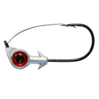 Red-eye weedless jighead with silver lead head and black hook