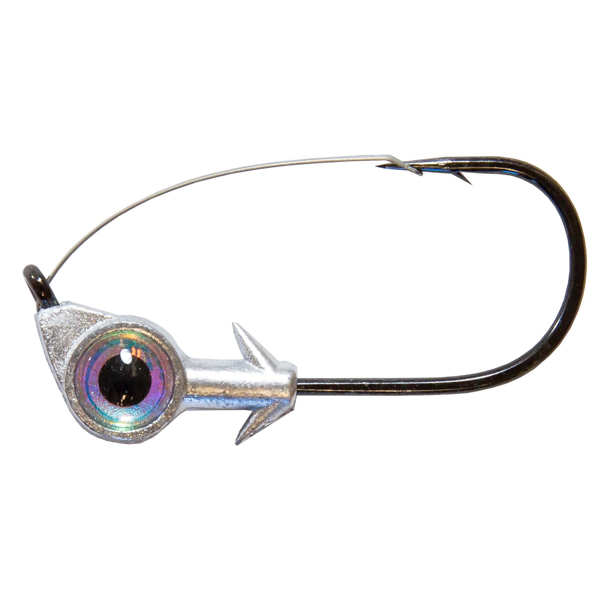 Pearl iridescent-eye weedless jighead with silver lead head and black hook