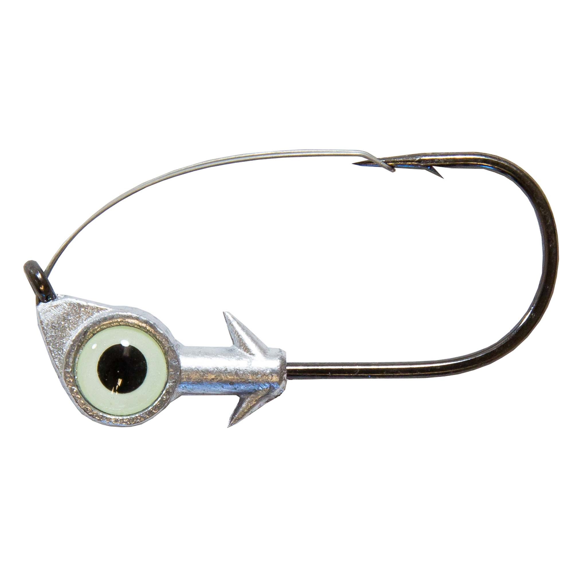 Light green-eye weedless jighead with silver lead head and black hook