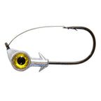 Gold/yellow-eye weedless jighead with silver lead head and black hook