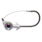 Pearl iridescent-eye weedless jighead with silver head and black hook