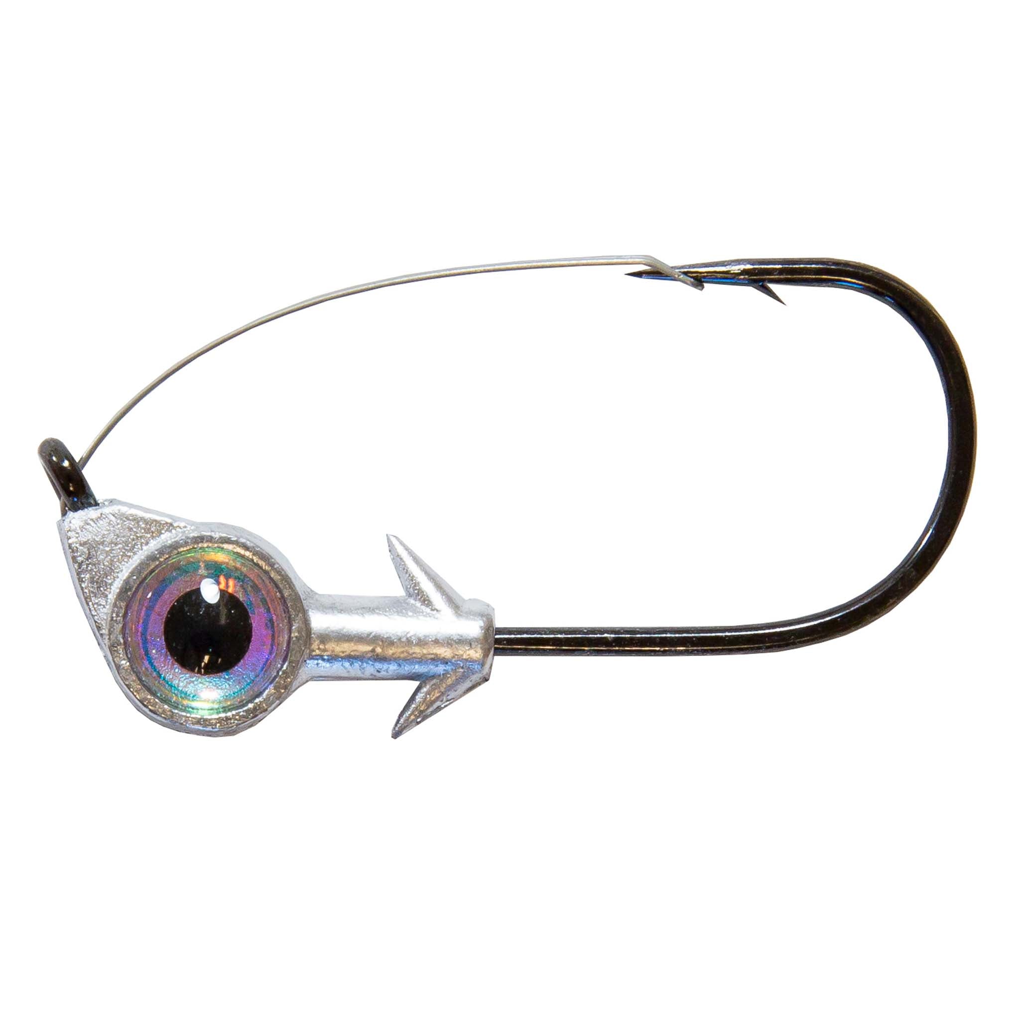Pearl iridescent-eye weedless jighead with silver head and black hook