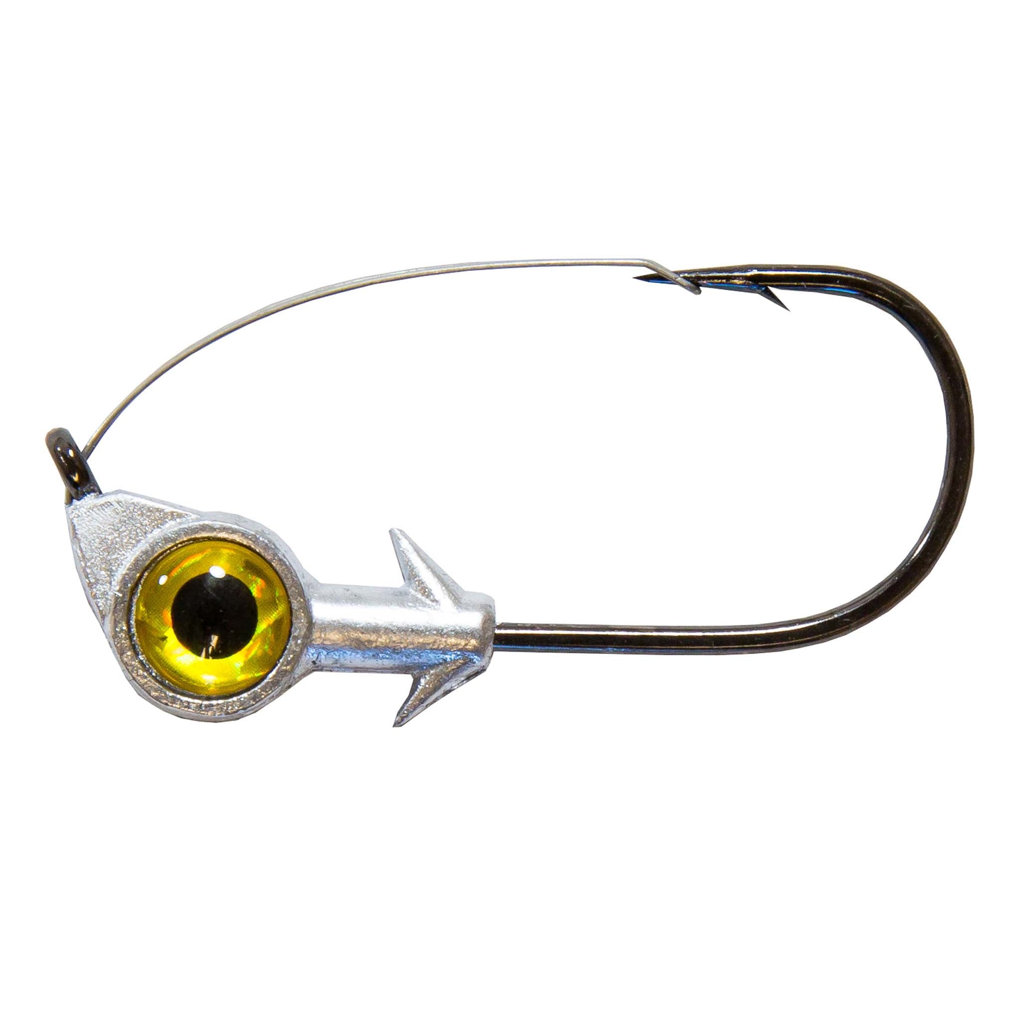 Gold/yellow-eye weedless jighead with silver head and black hook