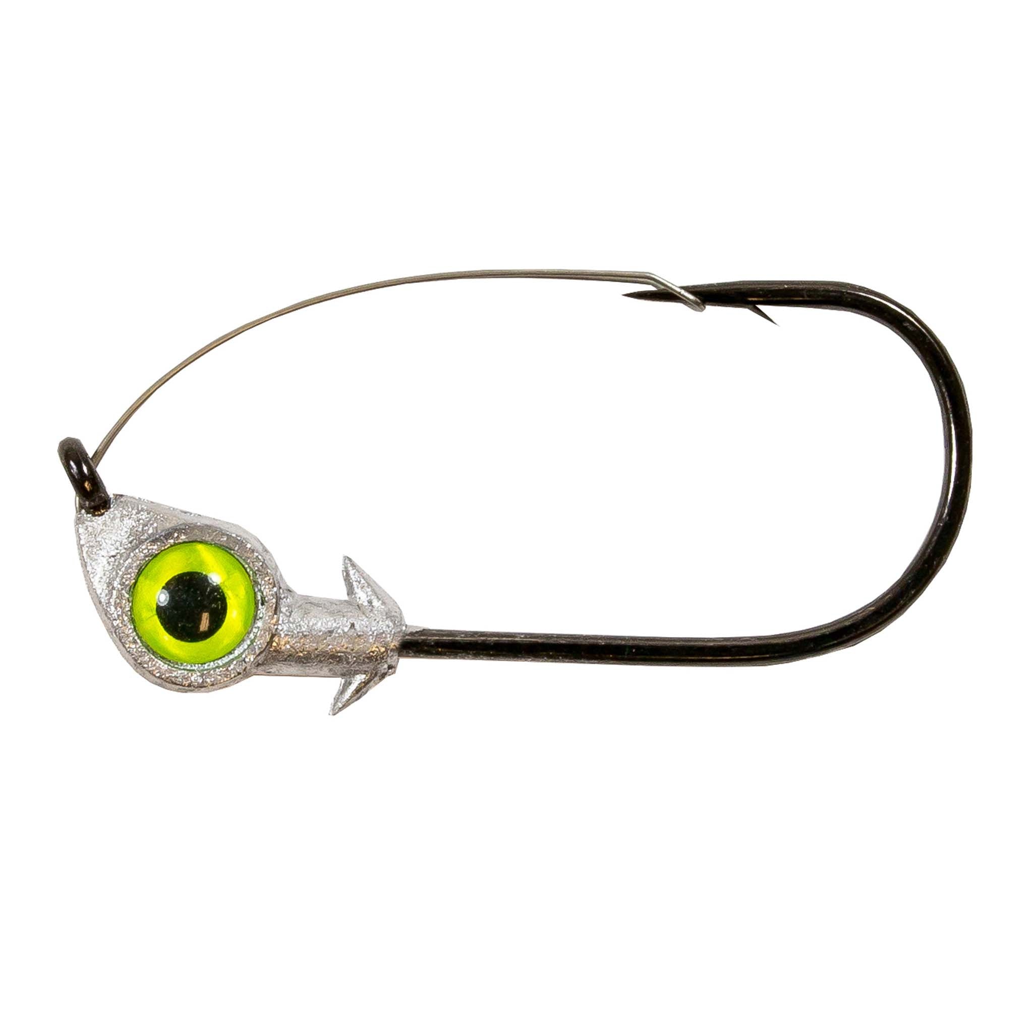 Chartreuse green-eye weedless jighead with silver head and black hook