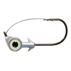 Weedless eye jighead with pearl green-tinted eye and weedless hook, silver head