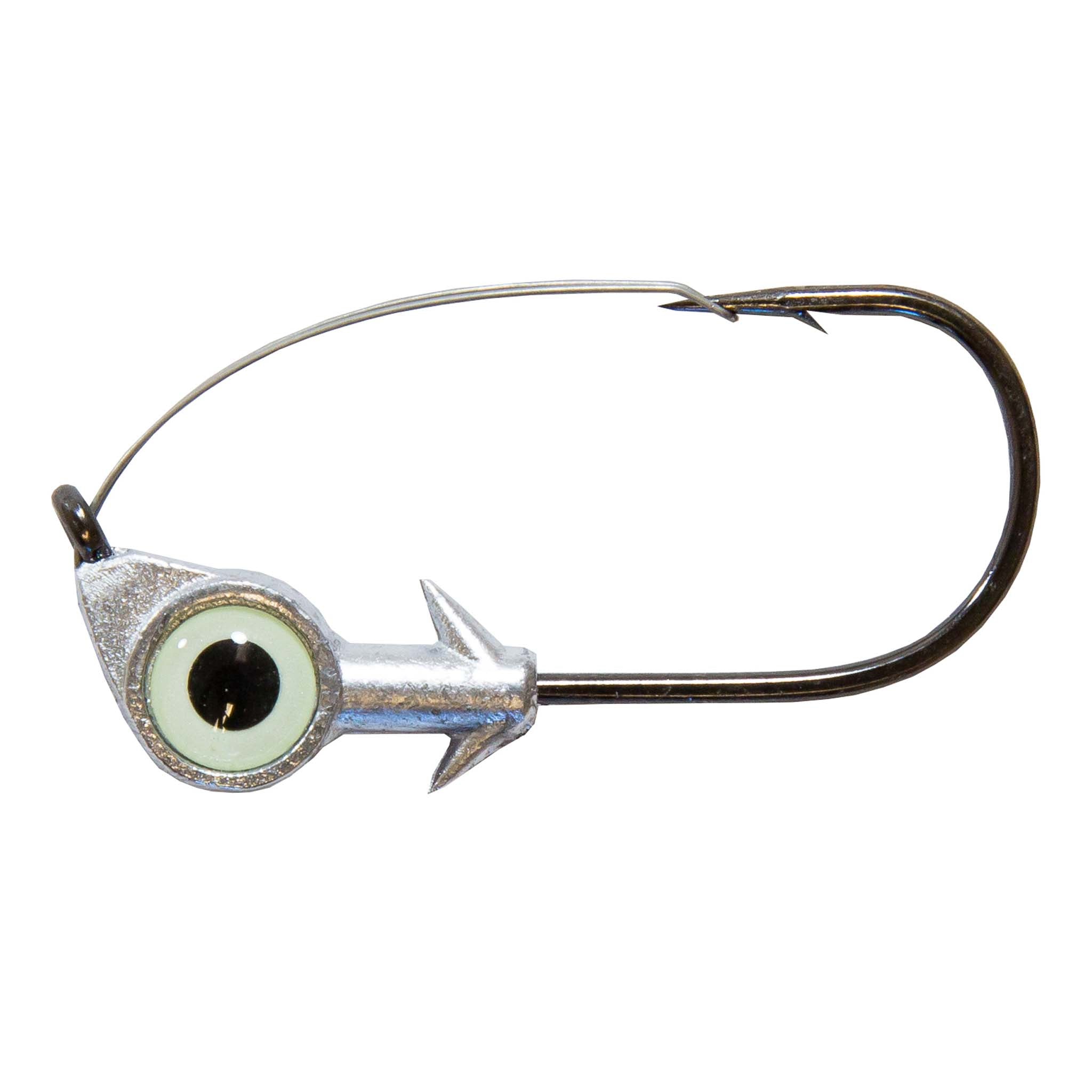 Weedless eye jighead with pearl green-tinted eye and weedless hook, silver head
