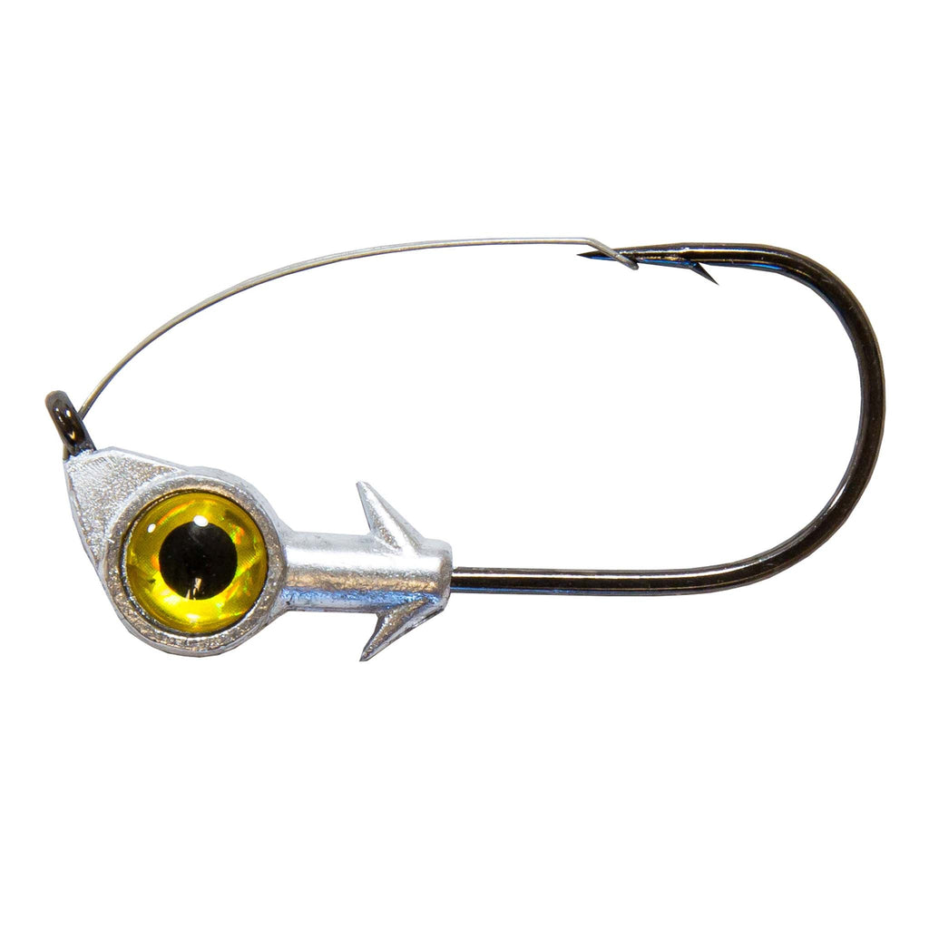 Weedless eye jighead with gold yellow eye and weedless hook, silver head