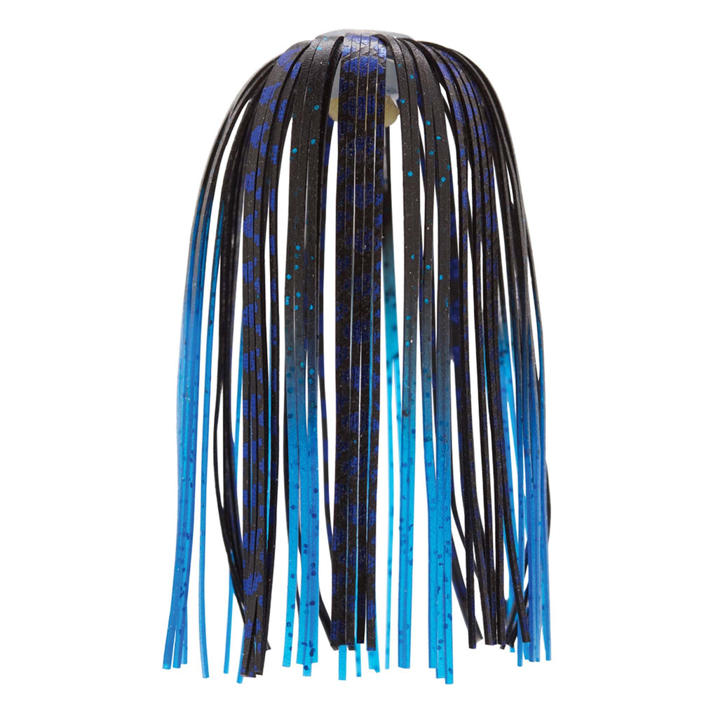 Fishing lure skirt with bright blue metallic fringe over black speckled strands