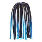 Fishing lure skirt with bright blue metallic fringe over black speckled strands