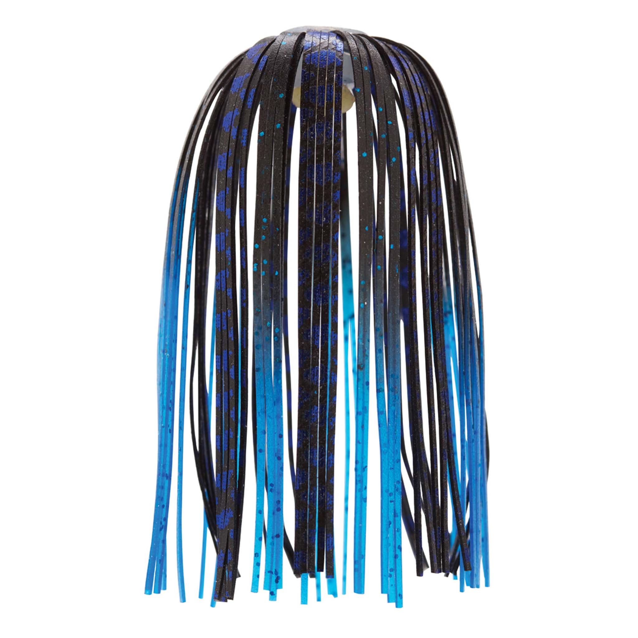Fishing lure skirt with bright blue metallic fringe over black speckled strands
