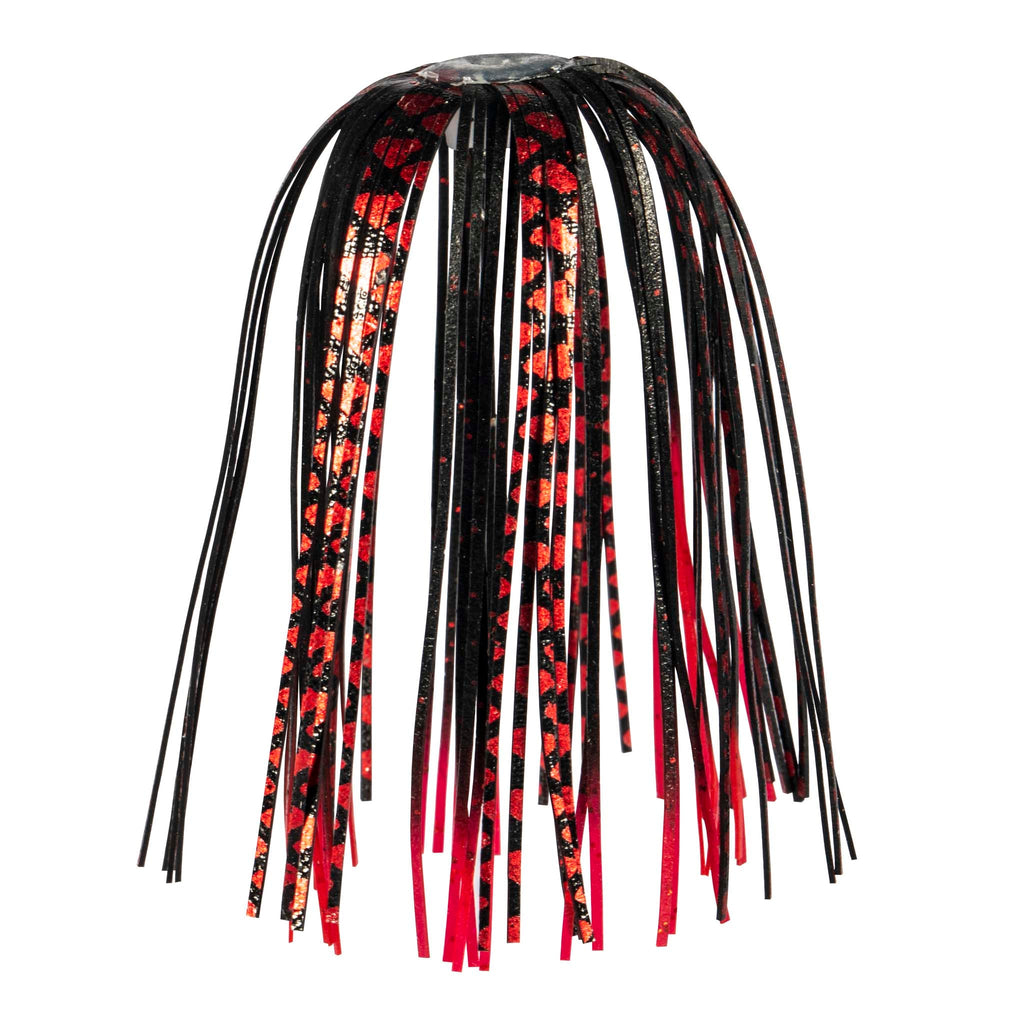 Fishing lure skirt with red-and-black metallic fringe and shiny black strands