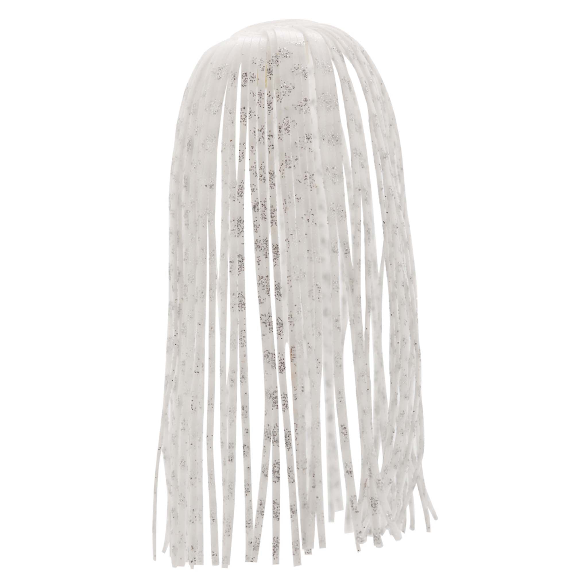 Fishing lure skirt with translucent white hanging strands and fine silver speckles