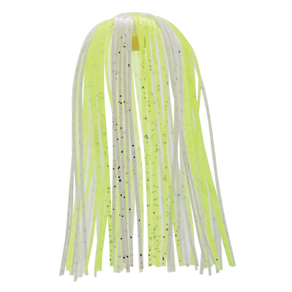 Fishing lure skirt with pale chartreuse translucent hanging strands and black speckles