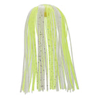 Fishing lure skirt with pale chartreuse translucent hanging strands and black speckles