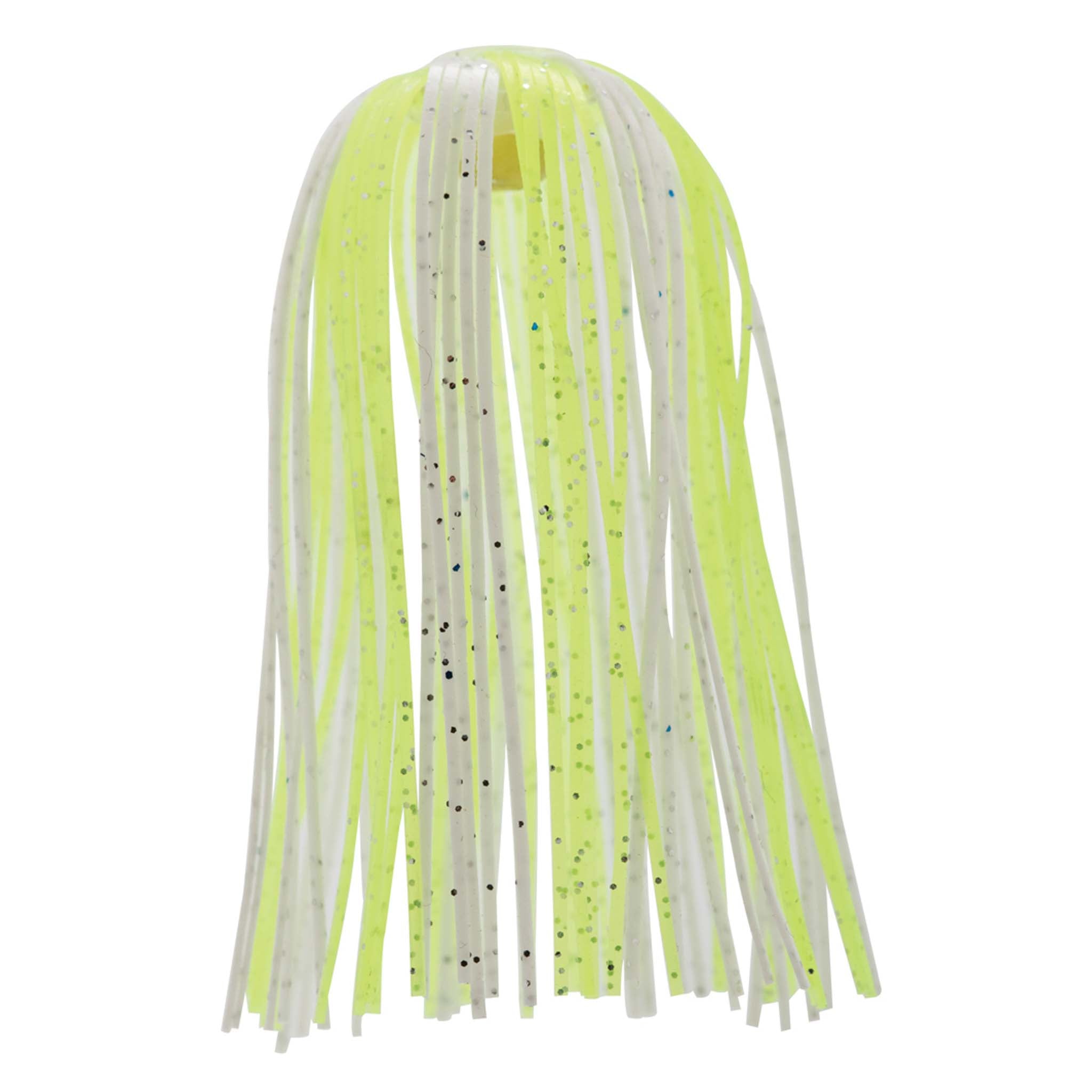 Fishing lure skirt with pale chartreuse translucent hanging strands and black speckles