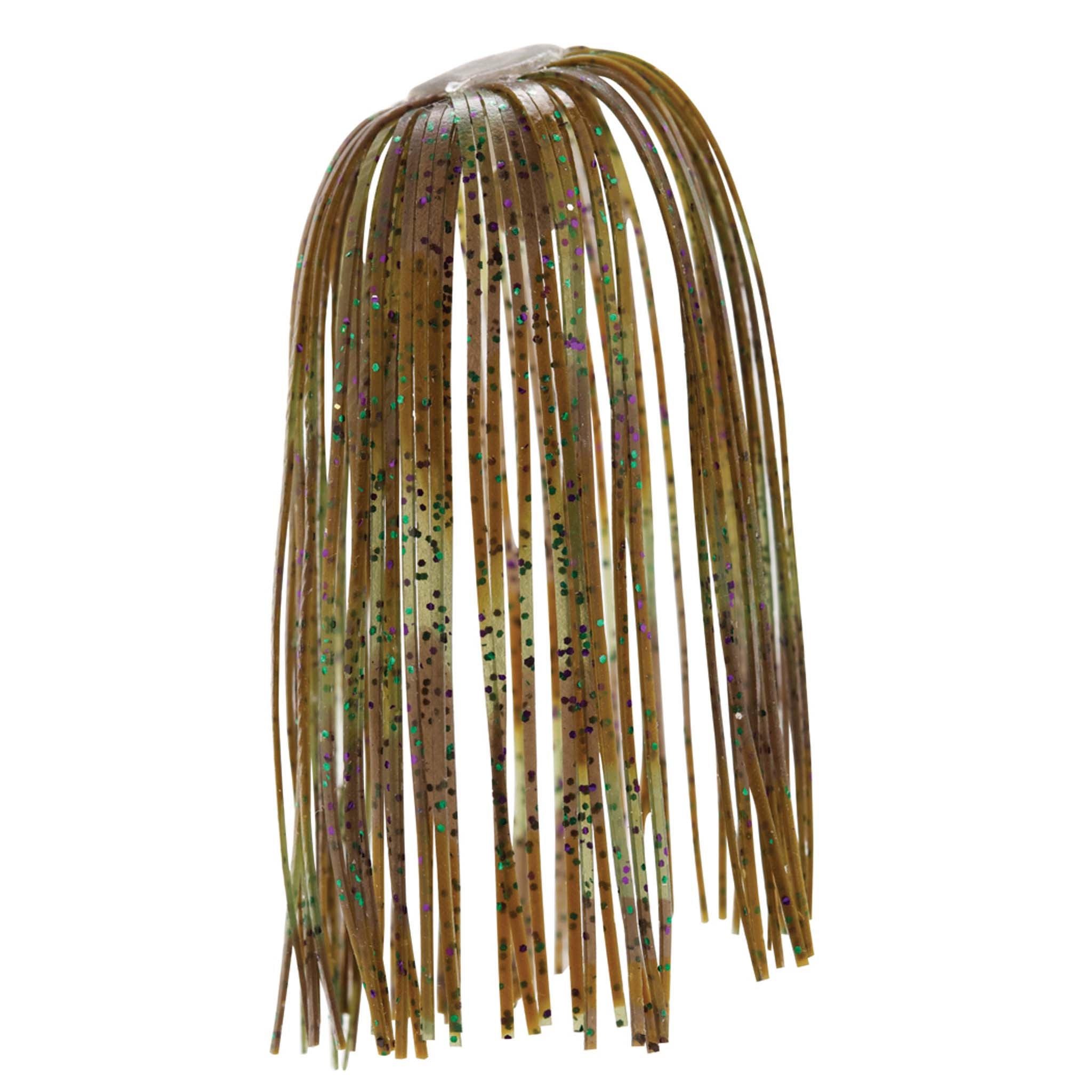 Fishing lure skirt with metallic brown-gold hanging strands and multicolor speckles