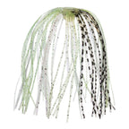 Fishing lure skirt with translucent white strands, light green highlights, some black strands