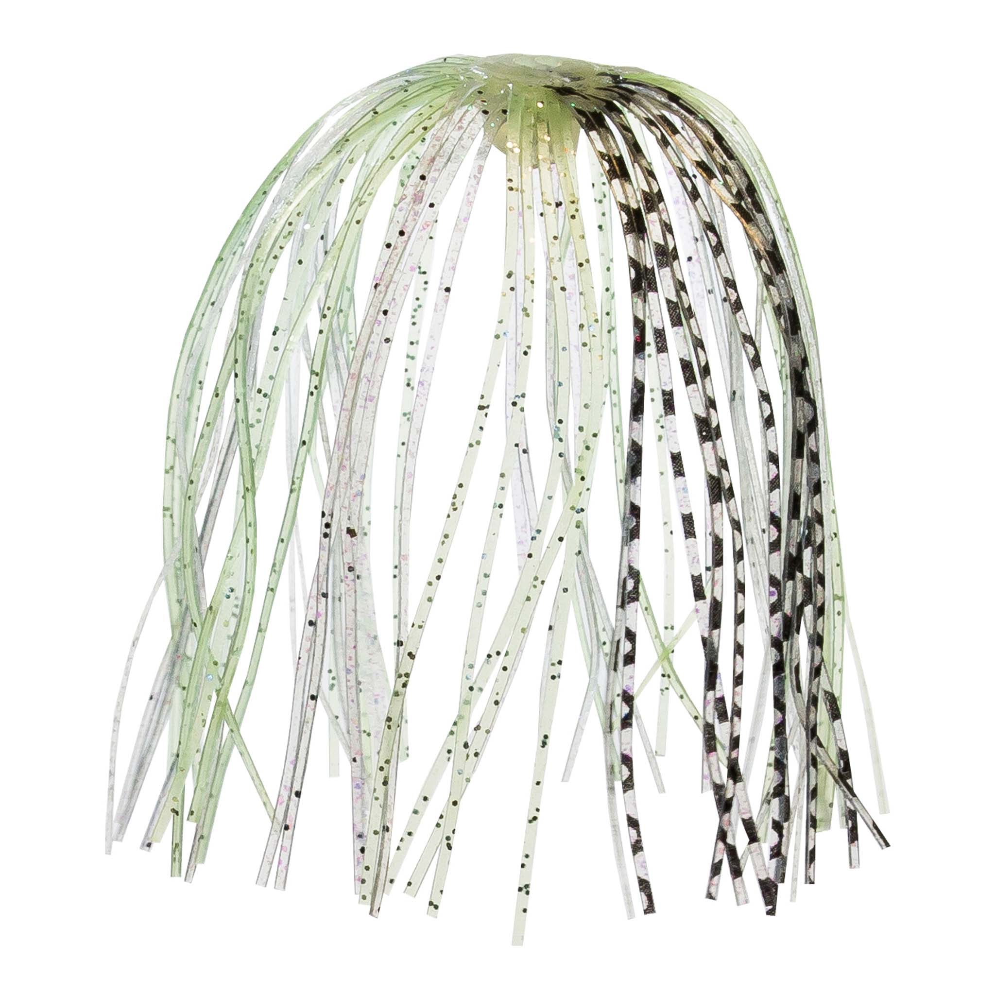 Fishing lure skirt with translucent white strands, light green highlights, some black strands
